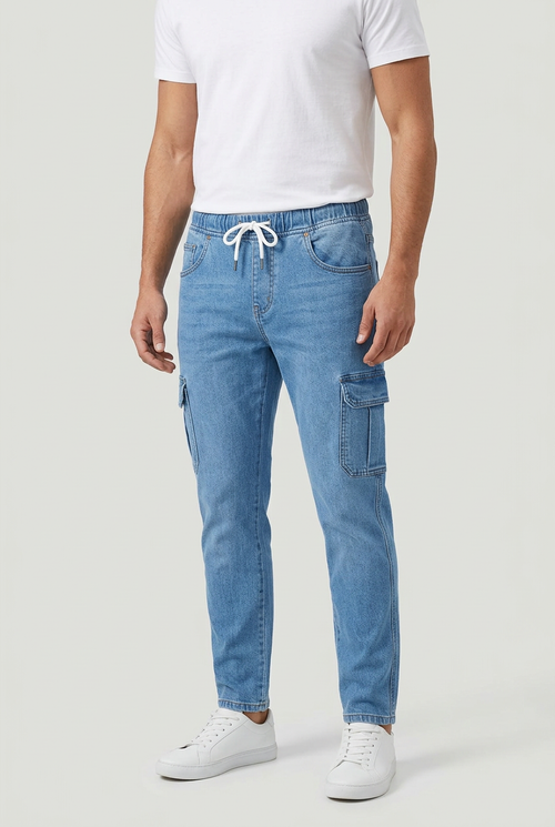 Model wearing the denim cargo jeans